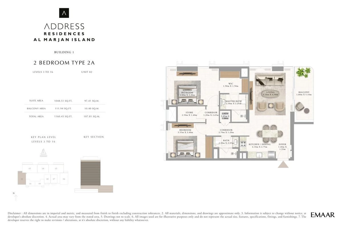 Address Residences Al Marjan Island 2-bedroom Type 2A apartment Level 3 to 16 floor plan in Building 1, 1,160.45 sq ft.