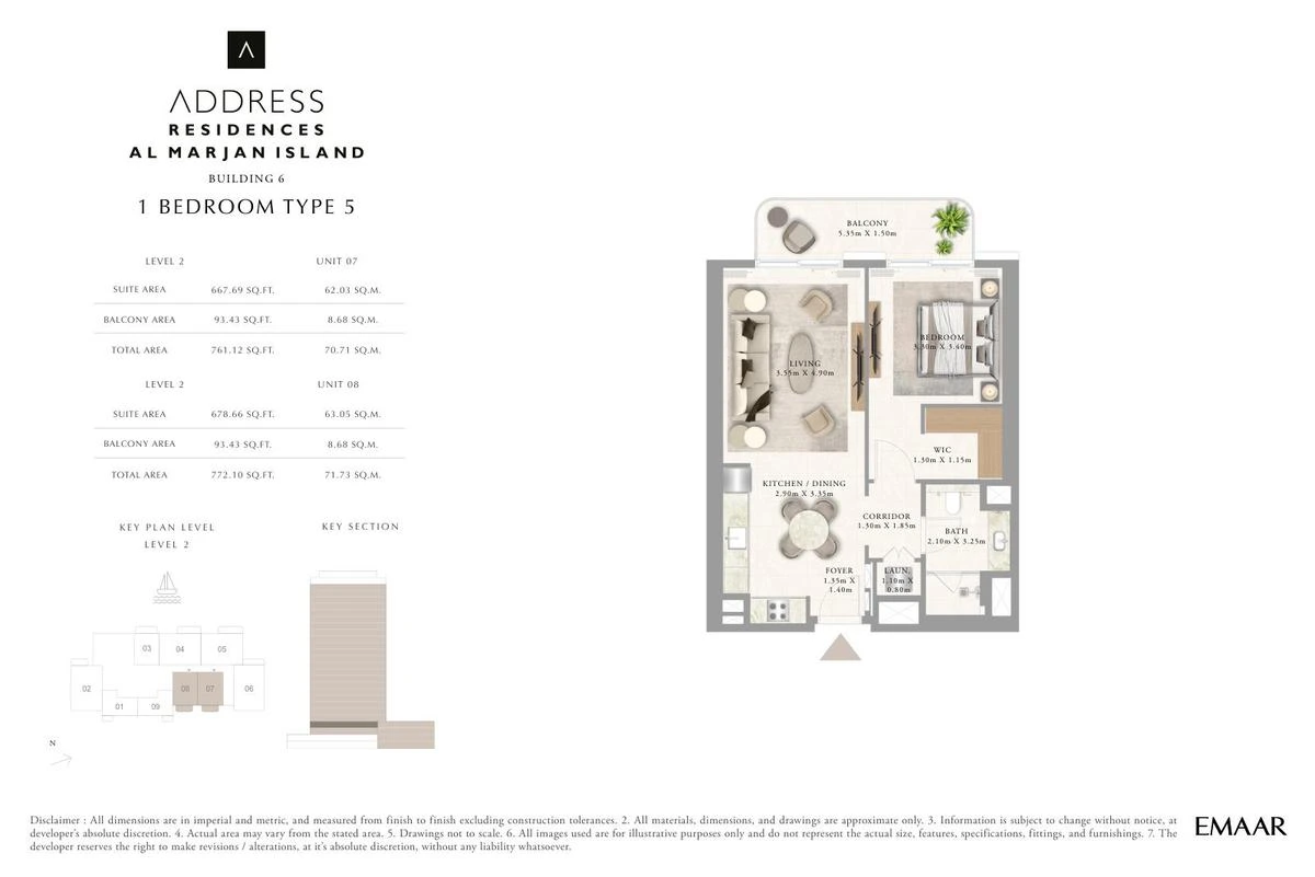 Address Residences Al Marjan Island 1-bedroom Type 5 apartment Level 2 floor plan in Building 6, 761.12-772.10 sq ft.