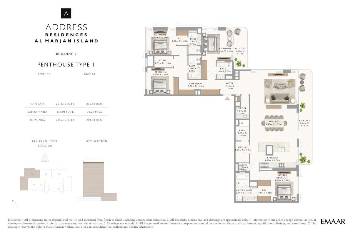 Address Residences Al Marjan Island 4-bedroom Penthouse Type 1 apartment Level 20 floor plan in Building 2, 2,896.36 sq ft.