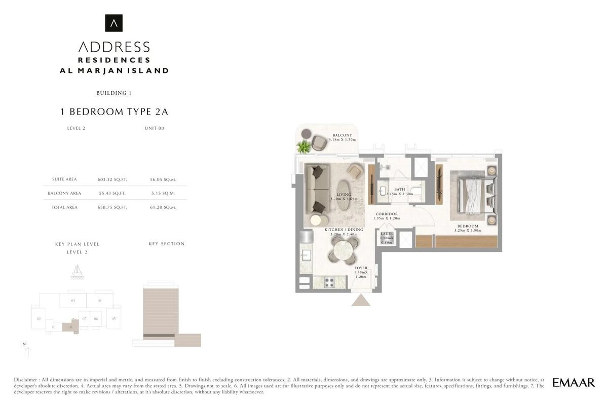 Address Residences Al Marjan Island 1-bedroom Type 2A apartment Level 2 floor plan in Building 1, 658.75 sq ft.