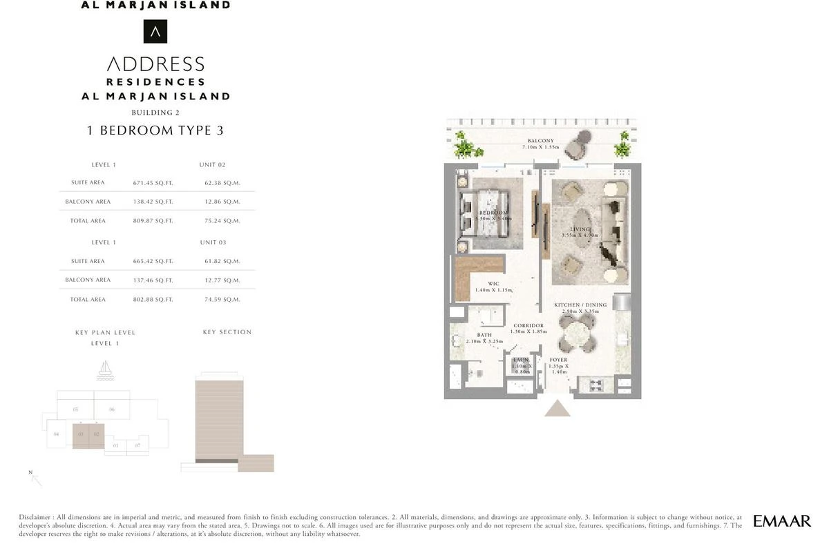 Address Residences Al Marjan Island 1-bedroom Type 3 apartment Level 1 floor plan in Building 2, 802.88-809.87 sq ft.