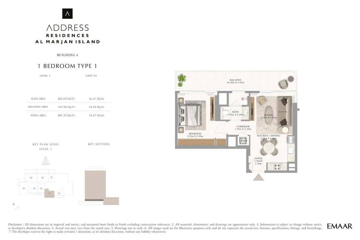 Address Residences Al Marjan Island 1-bedroom Type 1 apartment Level 1 floor plan in Building 4, 801.59 sq ft.