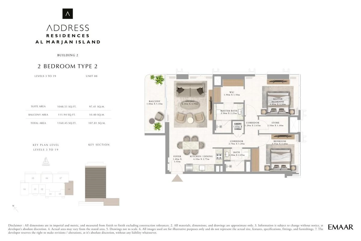 Address Residences Al Marjan Island 2-bedroom Type 2 apartment Level 3 to 19 floor plan in Building 2, 1,160.45 sq ft.