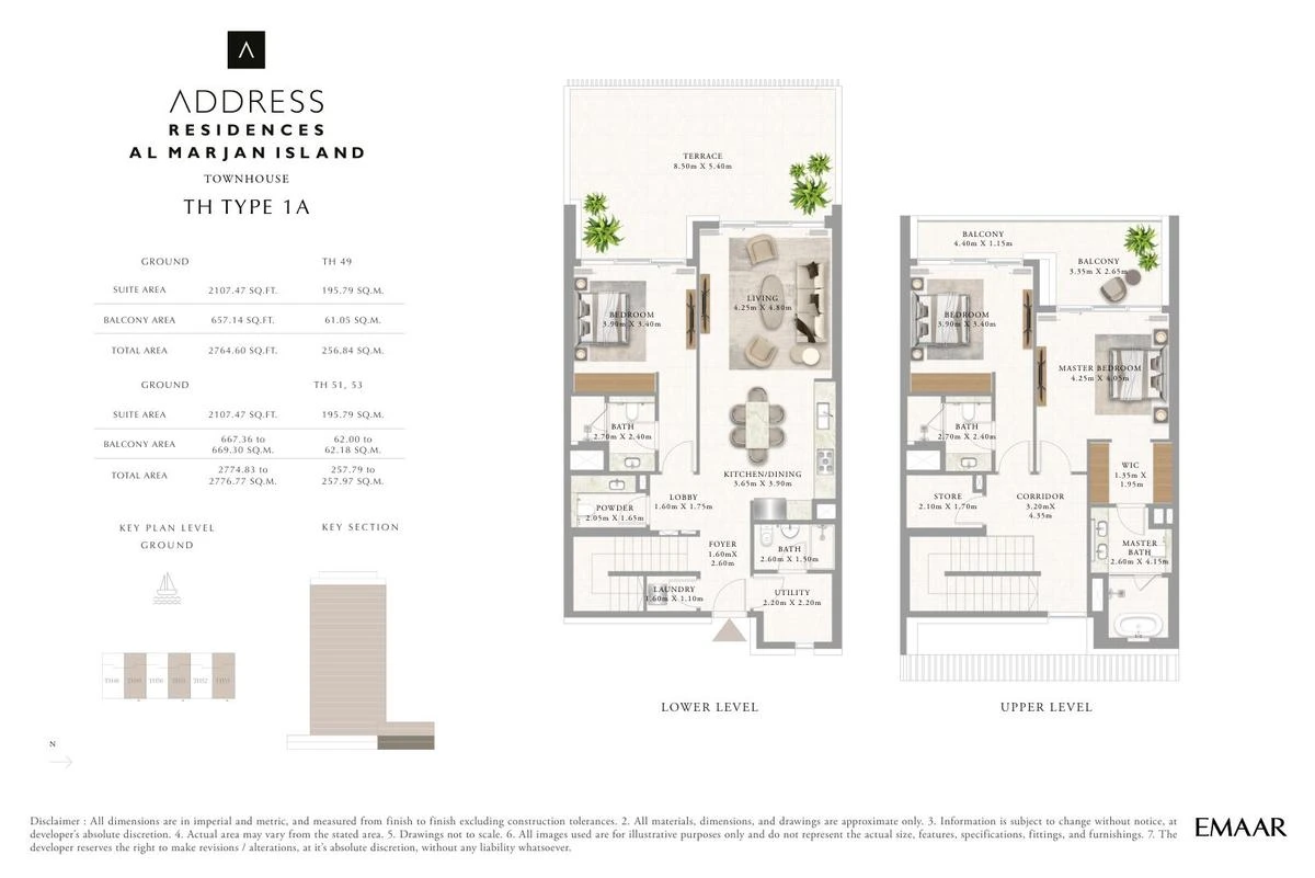 Address Residences Al Marjan Island 3-bedroom Type 1A townhouse floor plan for Townhouses E TH49, TH51 and TH53, Ground and First Floors, 2,764.60 sq ft.