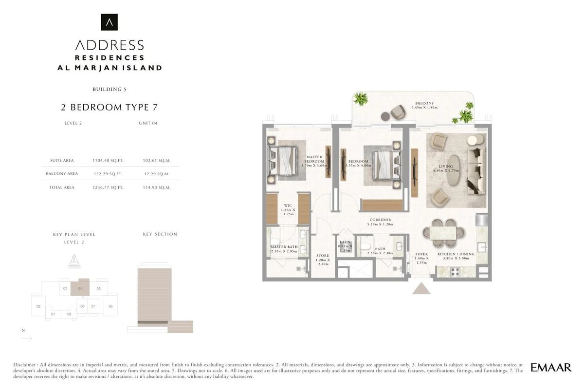 Address Residences Al Marjan Island 2-bedroom Type 7 apartment Level 2 floor plan in Building 5, 1,236.77 sq ft.