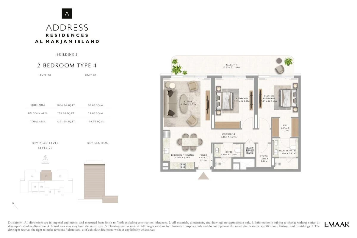 Address Residences Al Marjan Island 2-bedroom Type 4 apartment Level 20 floor plan in Building 2, 1,291.24 sq ft.
