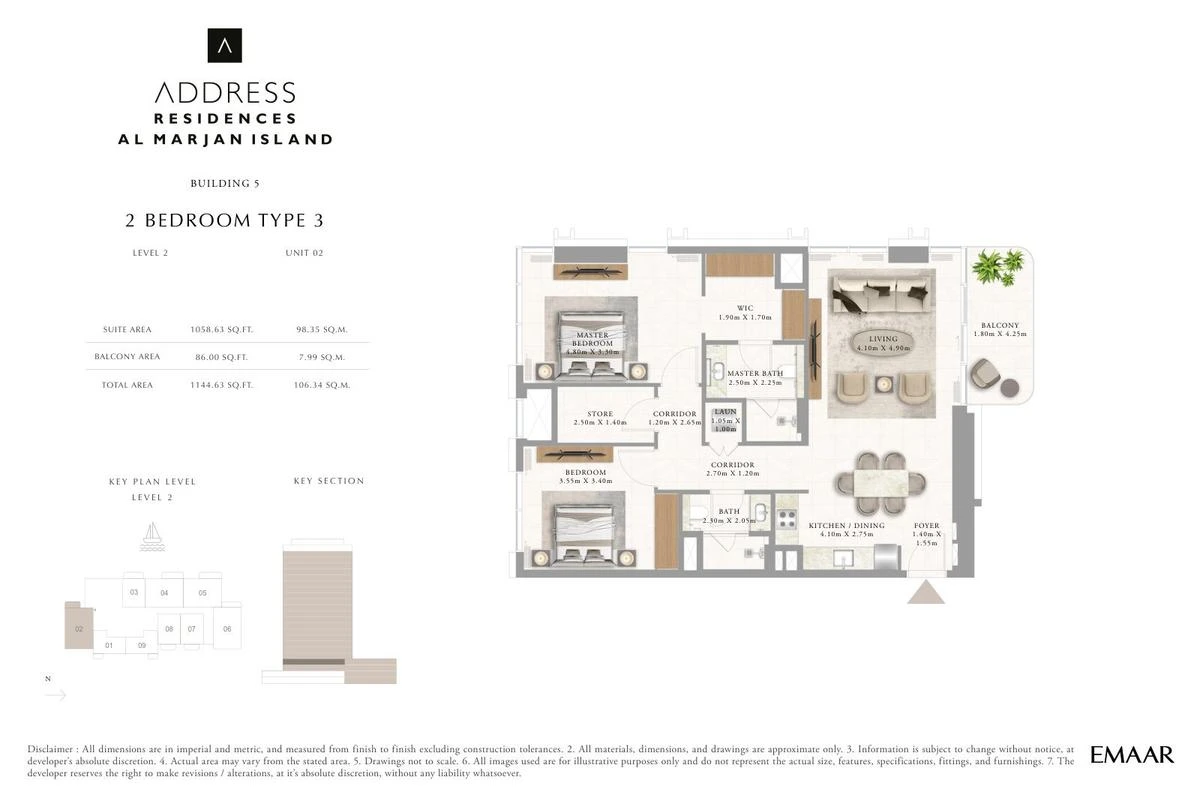 Address Residences Al Marjan Island 2-bedroom Type 3 apartment Level 2 floor plan in Building 5, 1,144.63 sq ft.