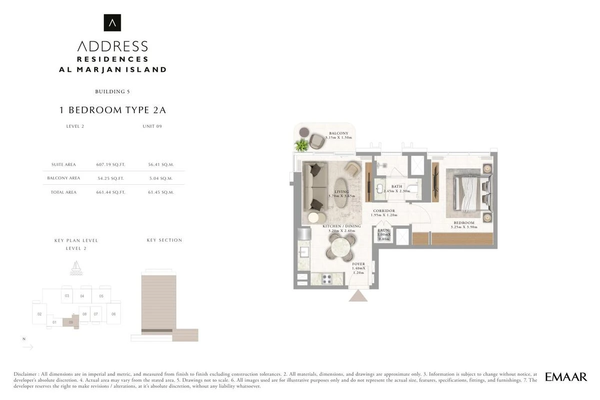 Address Residences Al Marjan Island 1-bedroom Type 2A apartment Level 2 floor plan in Building 5, 661.44 sq ft.