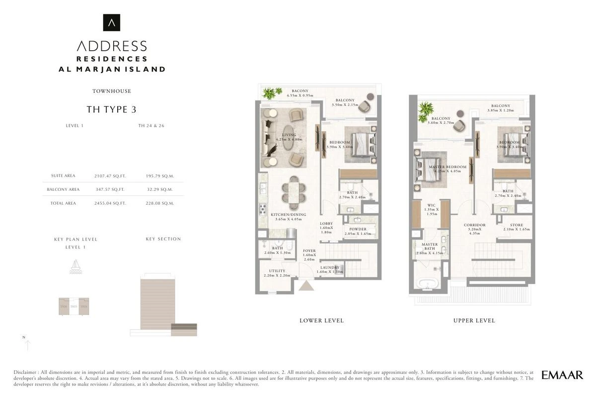 Address Residences Al Marjan Island 3-bedroom Type 3 townhouse floor plan for Townhouses A TH24 and TH26, Ground and First Floors, 2,455.04 sq ft.