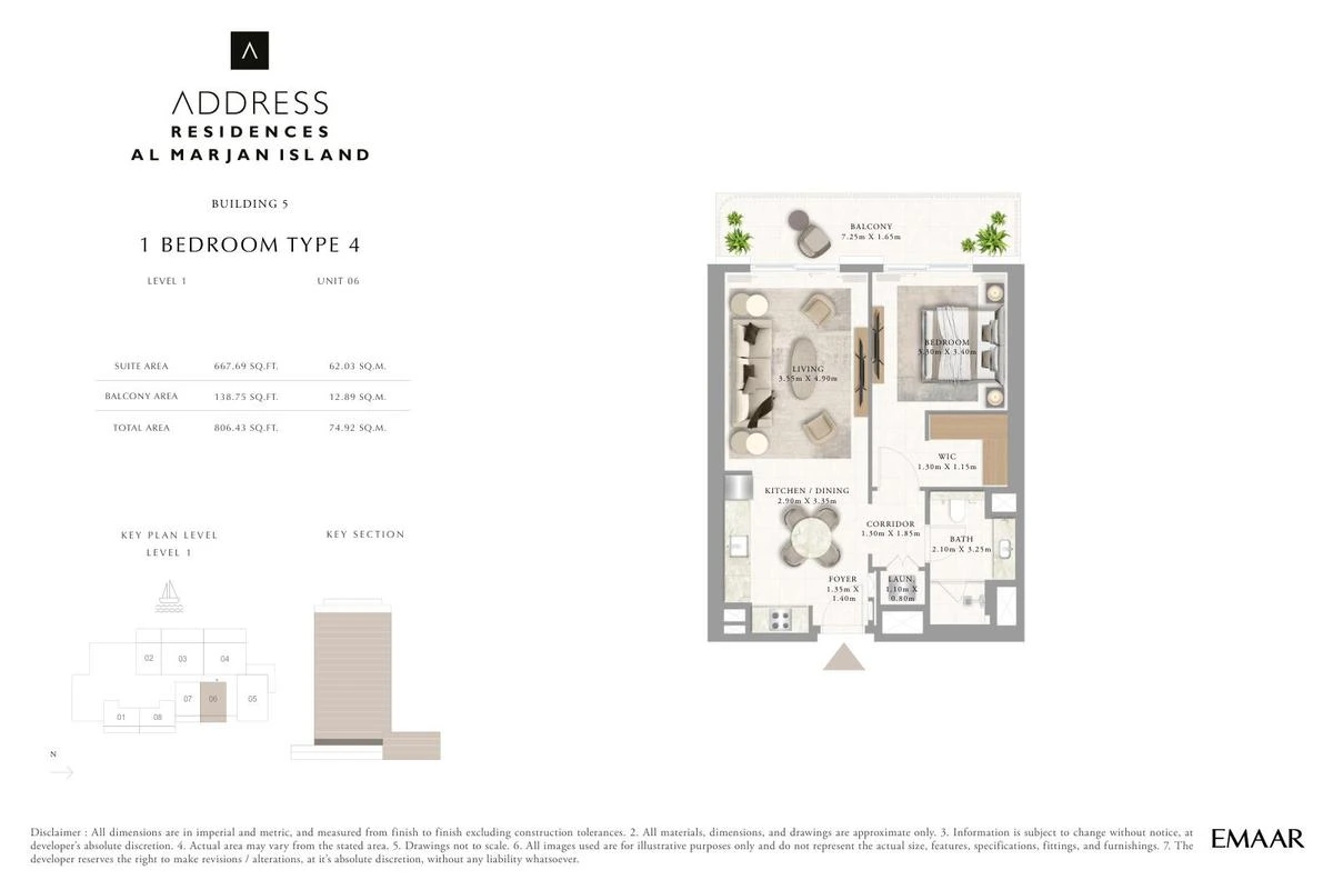 Address Residences Al Marjan Island 1-bedroom Type 4 apartment Level 1 floor plan in Building 5, 806.43 sq ft.