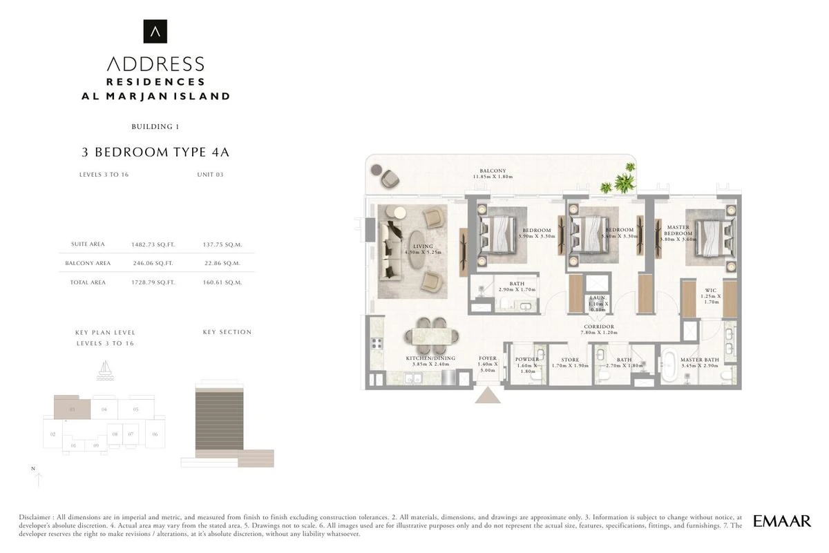Address Residences Al Marjan Island 3-bedroom Type 4A apartment Level 3 to 16 floor plan in Building 1, 1,728.79 sq ft.