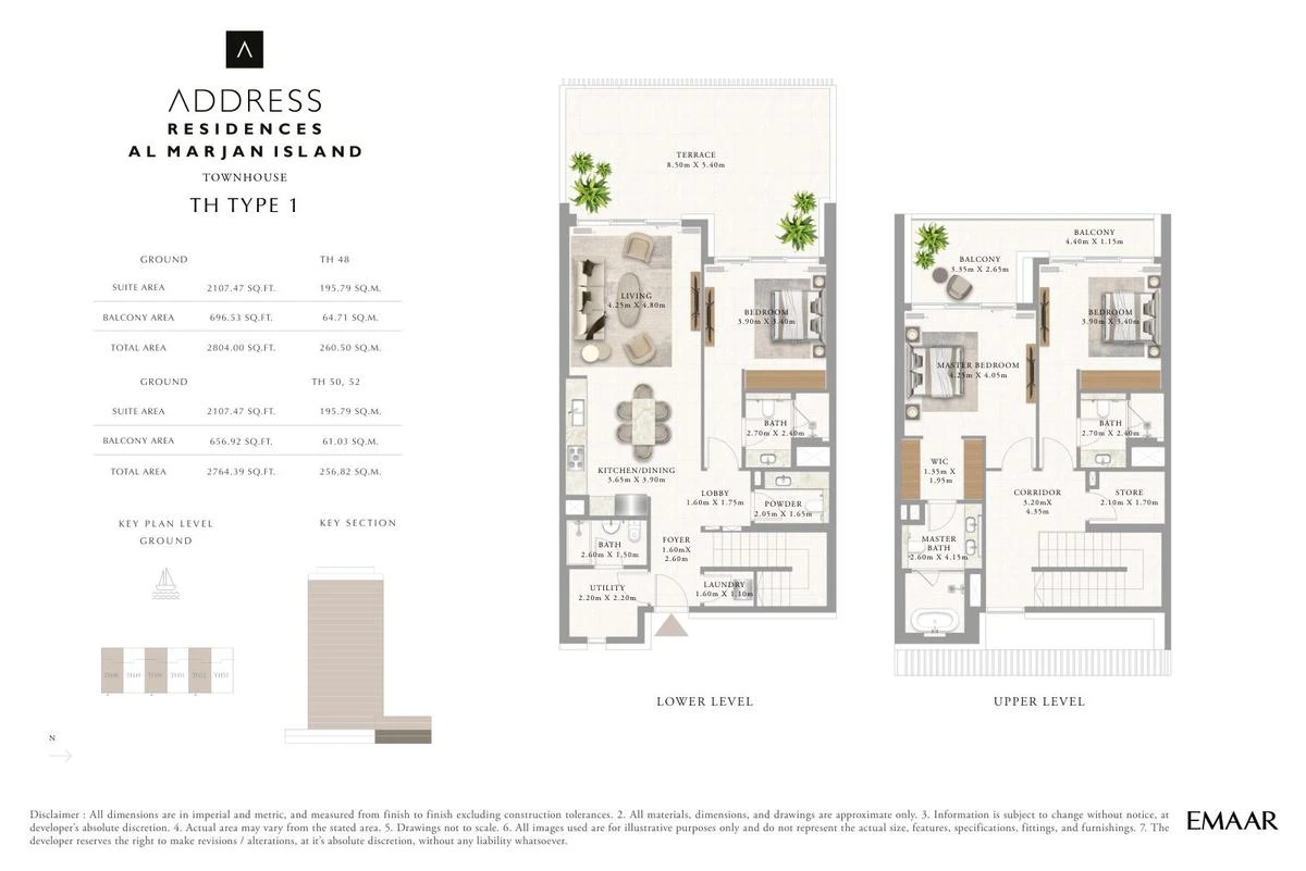 Address Residences Al Marjan Island 3-bedroom Type 1 townhouse floor plan for Townhouses E TH48, TH50 and TH52, Ground and First Floors, 2,764.39-2,804.00 sq ft.