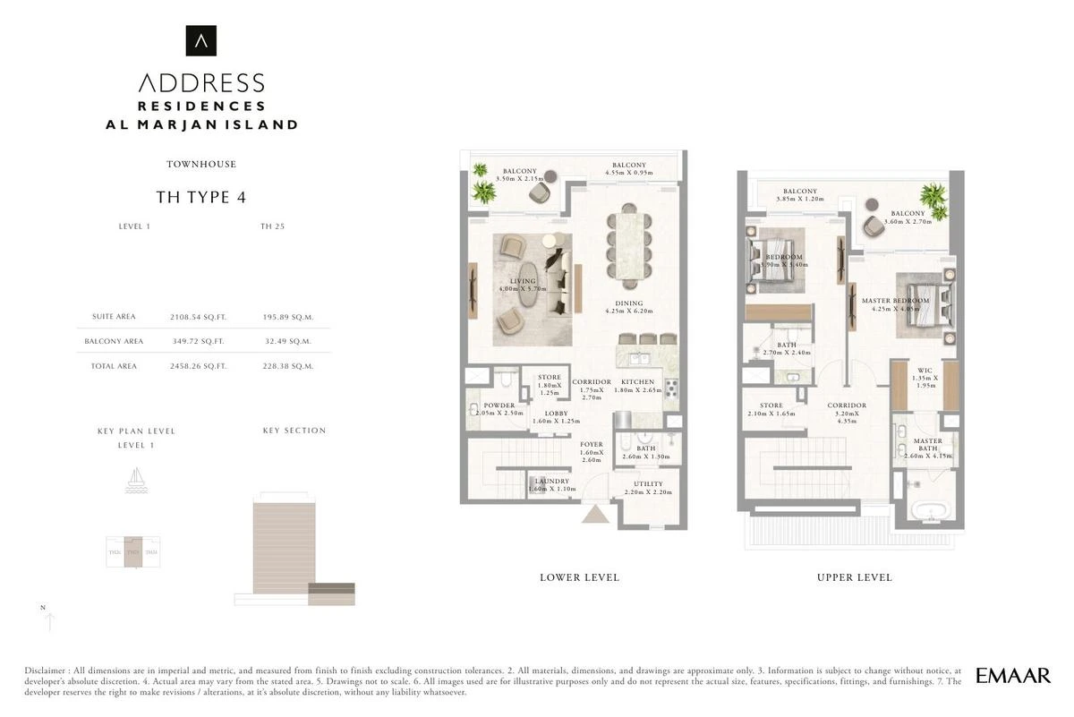 Address Residences Al Marjan Island 3-bedroom Type 4 townhouse floor plan for Townhouses A TH25, Ground and First Floors, 2,458.26 sq ft.