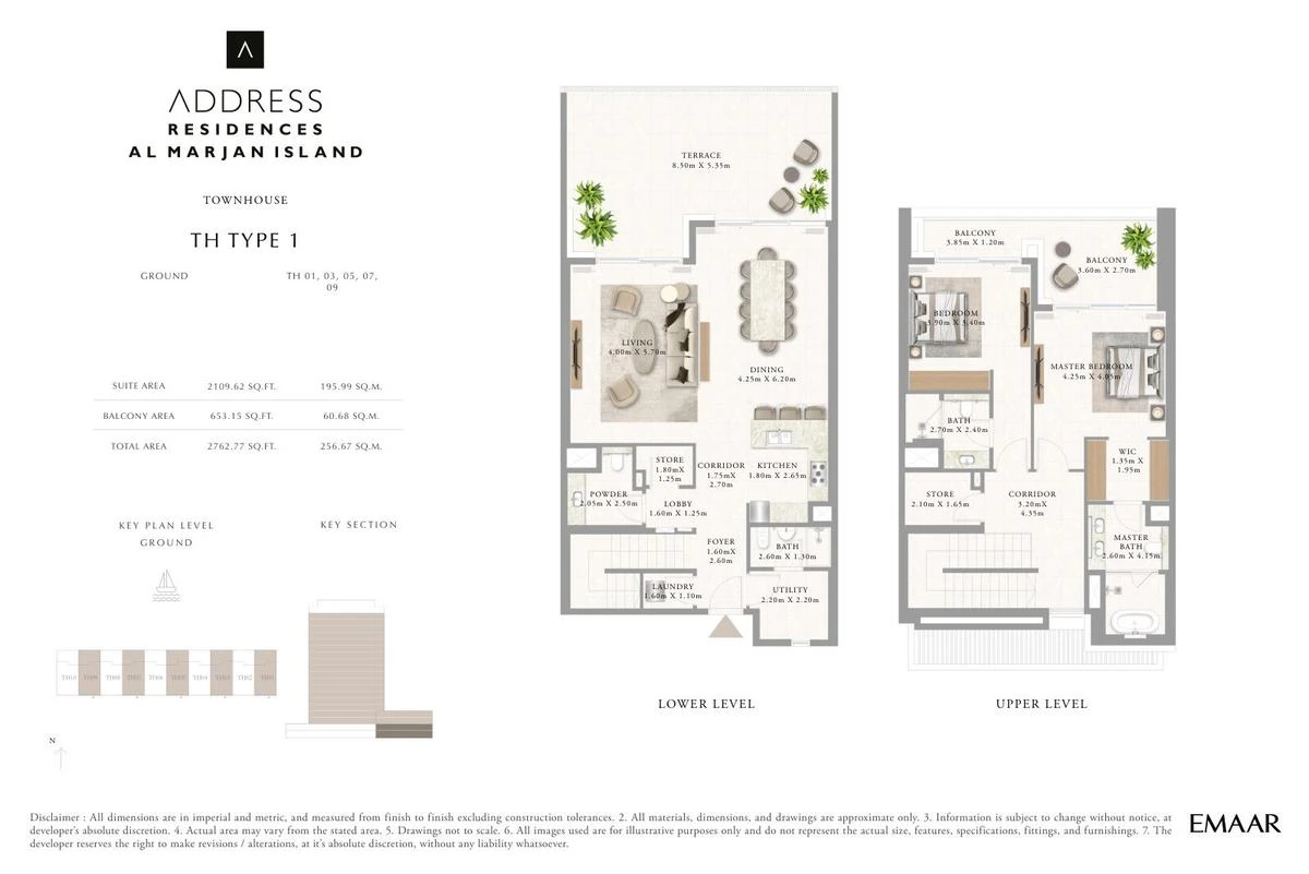 Address Residences Al Marjan Island 3-bedroom Type 1 townhouse floor plan for Townhouses A TH01, TH03, TH05, TH07 and TH09, Ground and First Floors, 2,762.77 sq ft.