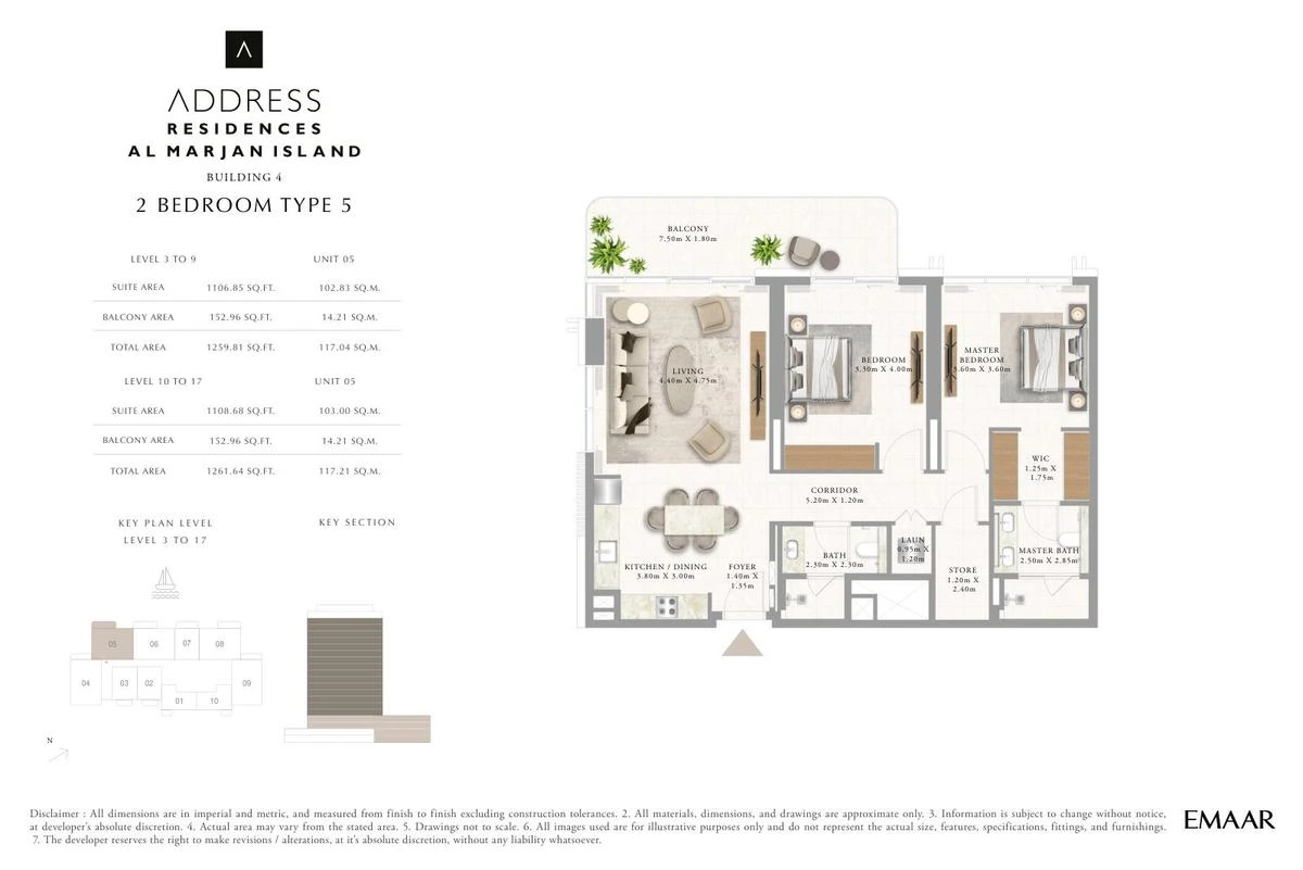 Address Residences Al Marjan Island 2-bedroom Type 5 apartment Levels 3 to 9 and 10 to 17 floor plan in Building 4, 1,259.81-1,261.64 sq ft.