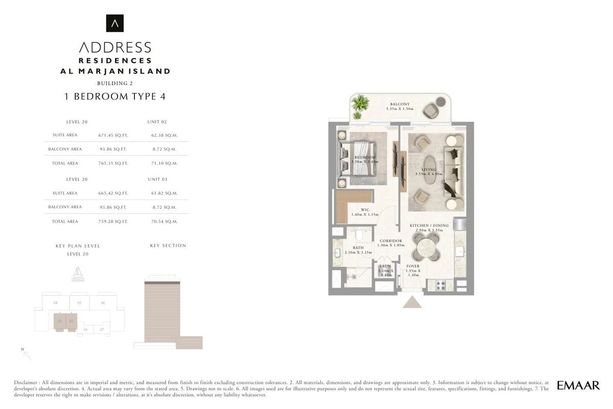 Address Residences Al Marjan Island 1-bedroom Type 4 apartment Level 20 floor plan in Building 2, 759.28-765.31 sq ft.