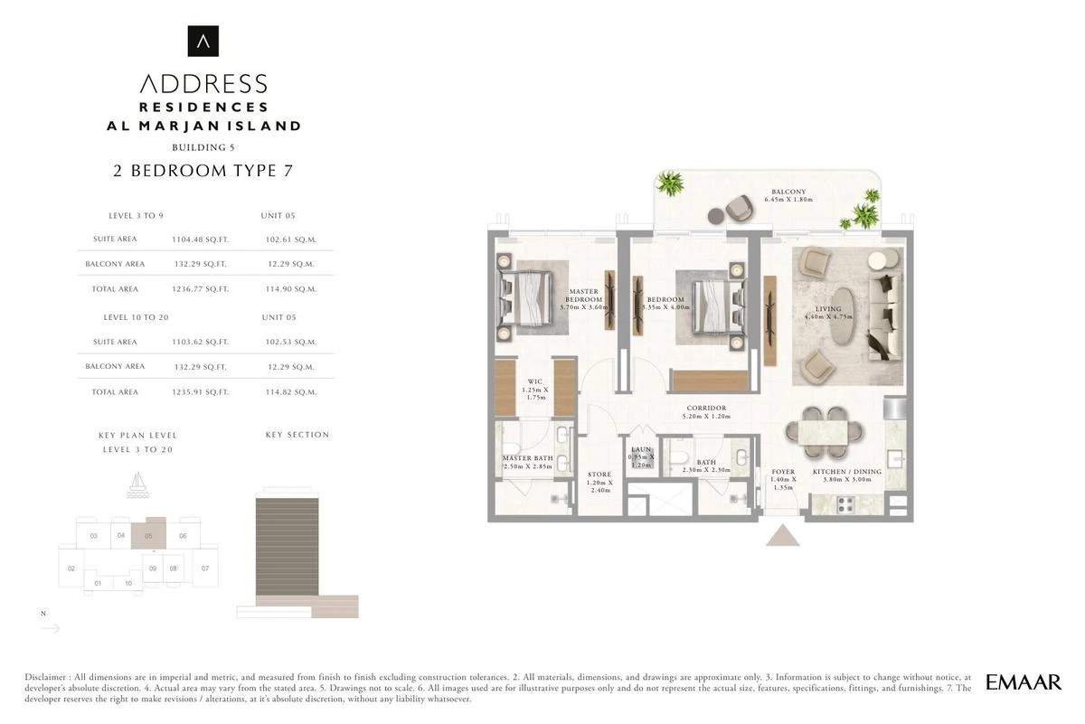 Address Residences Al Marjan Island 2-bedroom Type 7 apartment Levels 3 to 9 and 10 to 20 floor plan in Building 5, 1,235.91-1,236.77 sq ft.