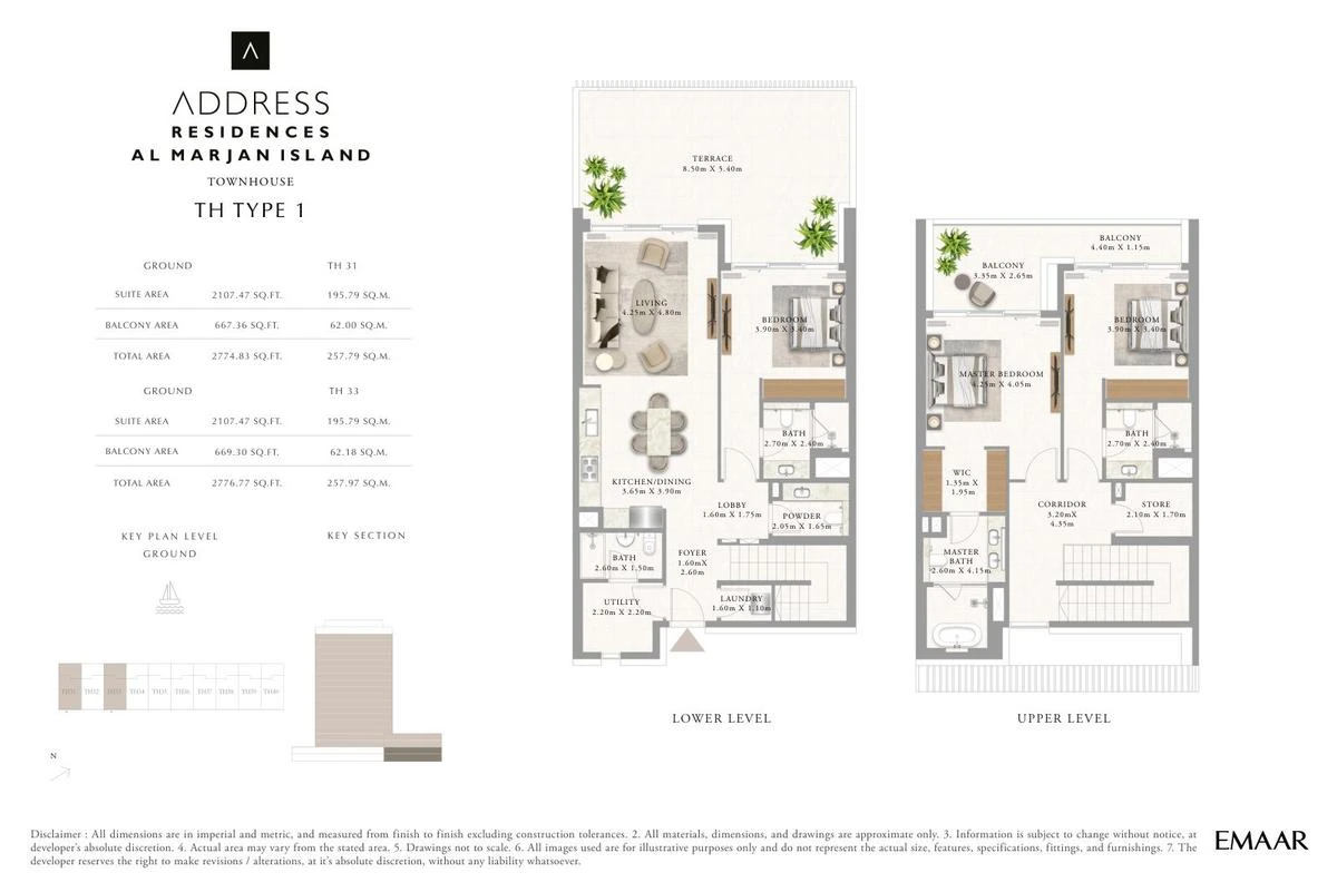 Address Residences Al Marjan Island 3-bedroom Type 1 townhouse floor plan for Townhouses C TH31 and TH33, Ground and First Floors, 2,774.83-2,776.77 sq ft.