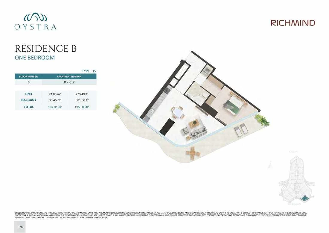 Oystra 1-bedroom Type 15 apartment, Apartment B-617, Floor 6, Residence B, 1,155.08 sq ft floor plan.