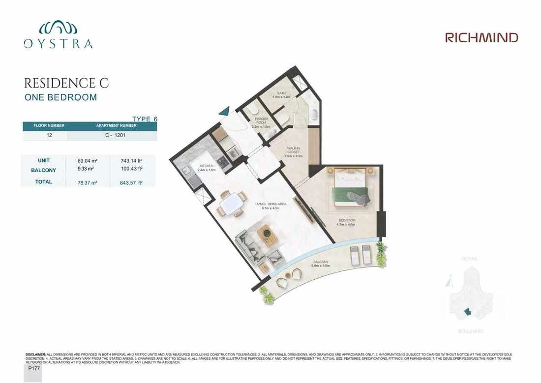 Oystra 1-bedroom Type 6 apartment, Apartment C-1201, Floor 12, Residence C, 843.57 sq ft floor plan.