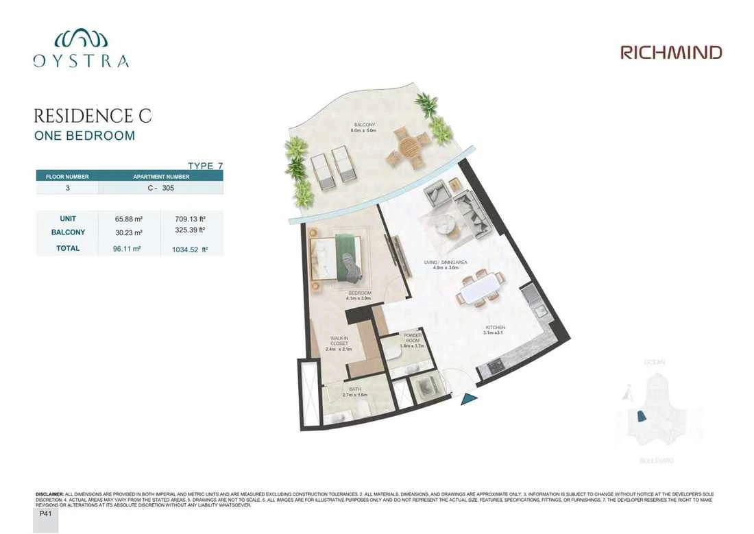 Oystra 1-bedroom Type 7 apartment, Apartment C-305, Floor 3, Residence C, 1,034.52 sq ft floor plan.