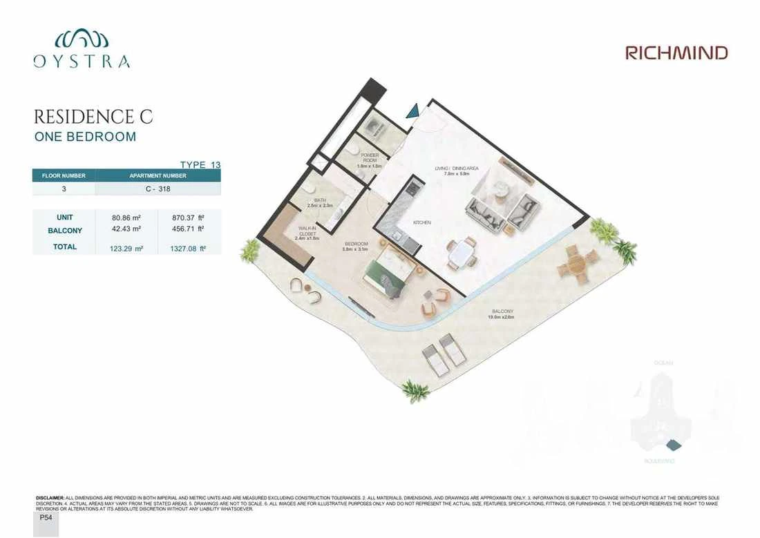 Oystra 1-bedroom Type 13 apartment, Apartment C-318, Floor 3, Residence C, 1,327.08 sq ft floor plan.