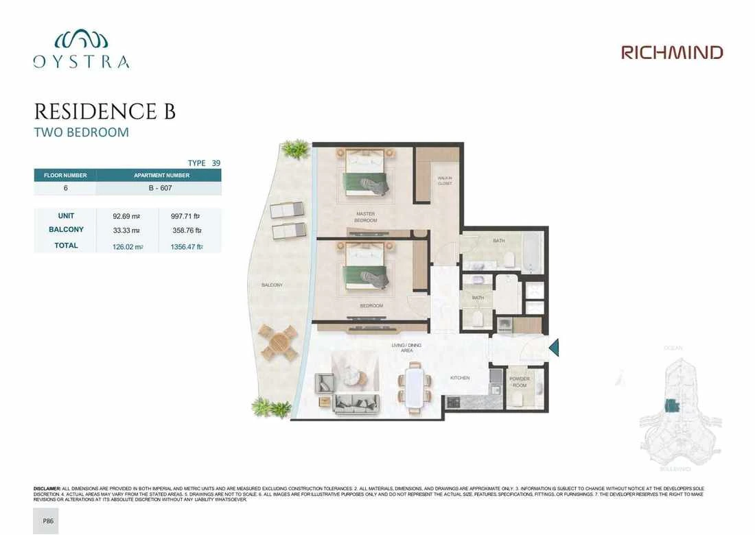 Oystra 2-bedroom Type 39 apartment, Apartment B-607, Floor 6, Residence B, 1,356.47 sq ft floor plan.