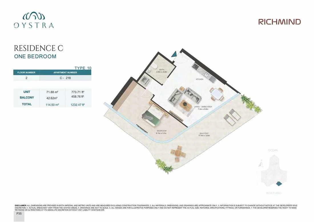 Oystra 1-bedroom Type 10 apartment, Apartment C-218, Floor 2, Residence C, 1,232.47 sq ft floor plan.