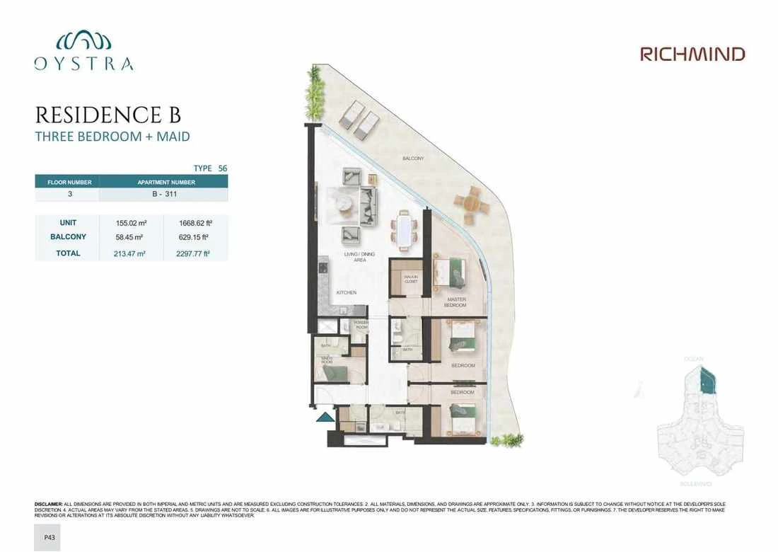 Oystra 3-bedroom Type 56 apartment with maid's room, Apartment B-311, Floor 3, Residence B, 2,297.77 sq ft floor plan.