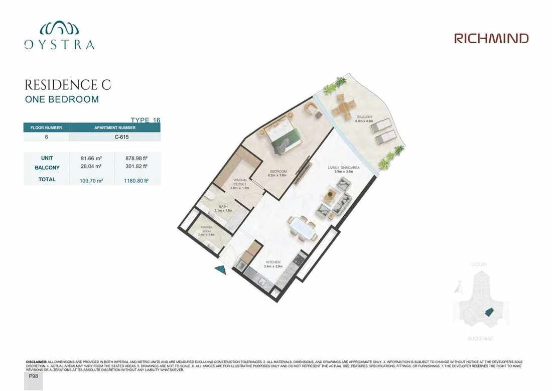 Oystra 1-bedroom Type 16 apartment, Apartment C-615, Floor 6, Residence C, 1,180.80 sq ft floor plan.