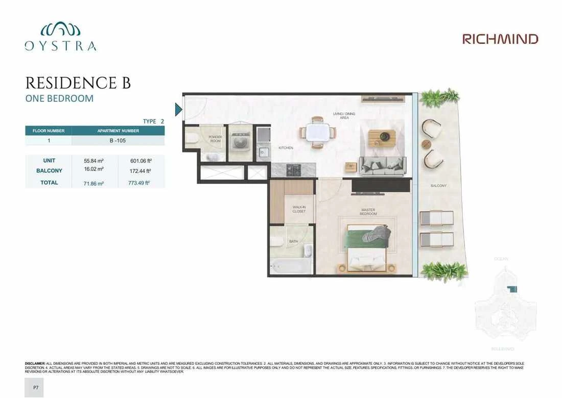 Oystra 1-bedroom Type 2 apartment, Apartment B-105, Floor 1, Residence B, 773.49 sq ft floor plan.