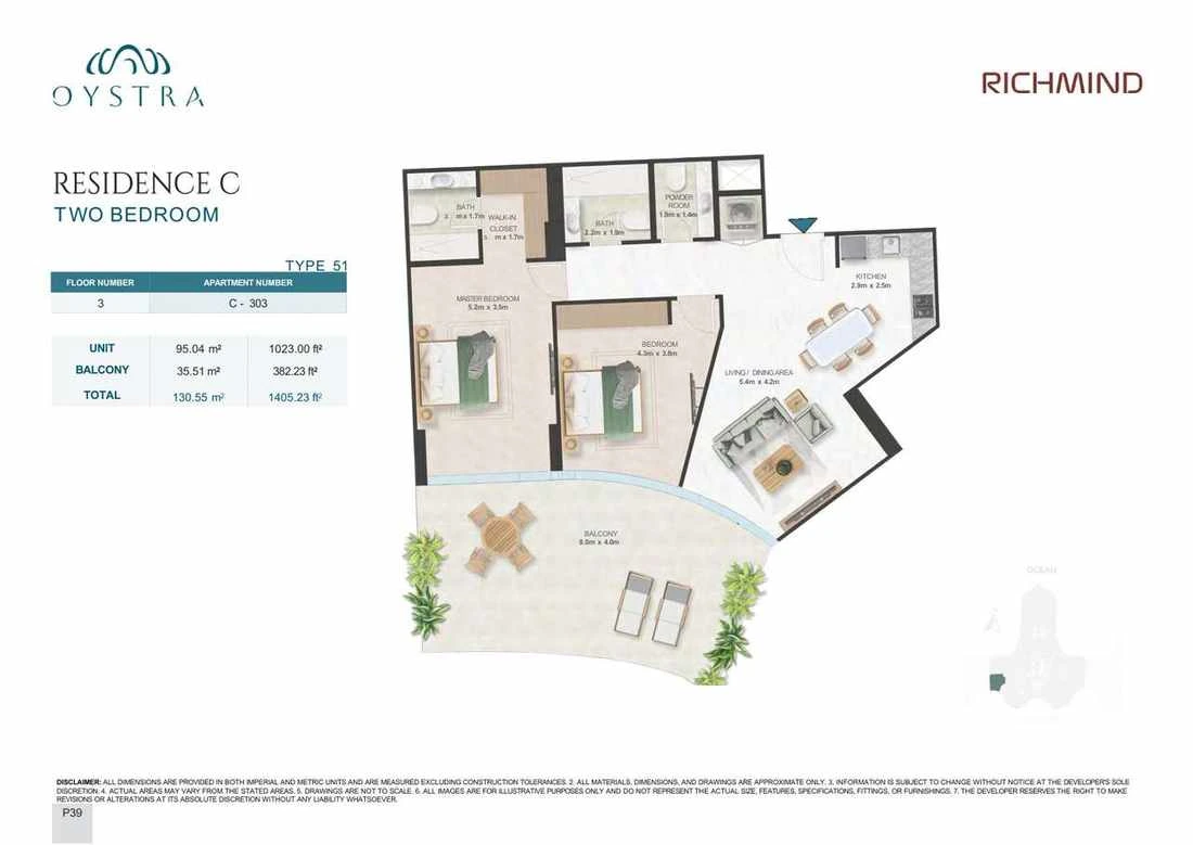 Oystra 2-bedroom Type 51 apartment, Apartment C-303, Floor 3, Residence C, 1,405.23 sq ft floor plan.
