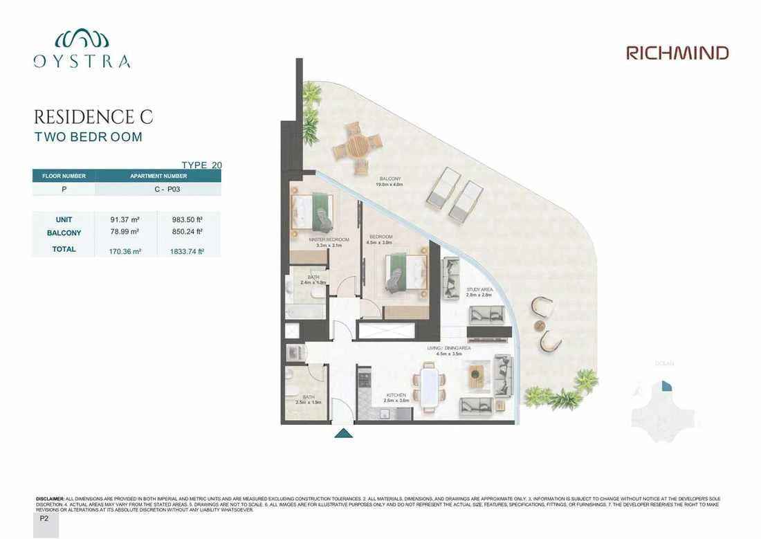Oystra 2-bedroom Type 20 apartment, Apartment C-P03, Podium, Residence C, 1,833.74 sq ft floor plan.
