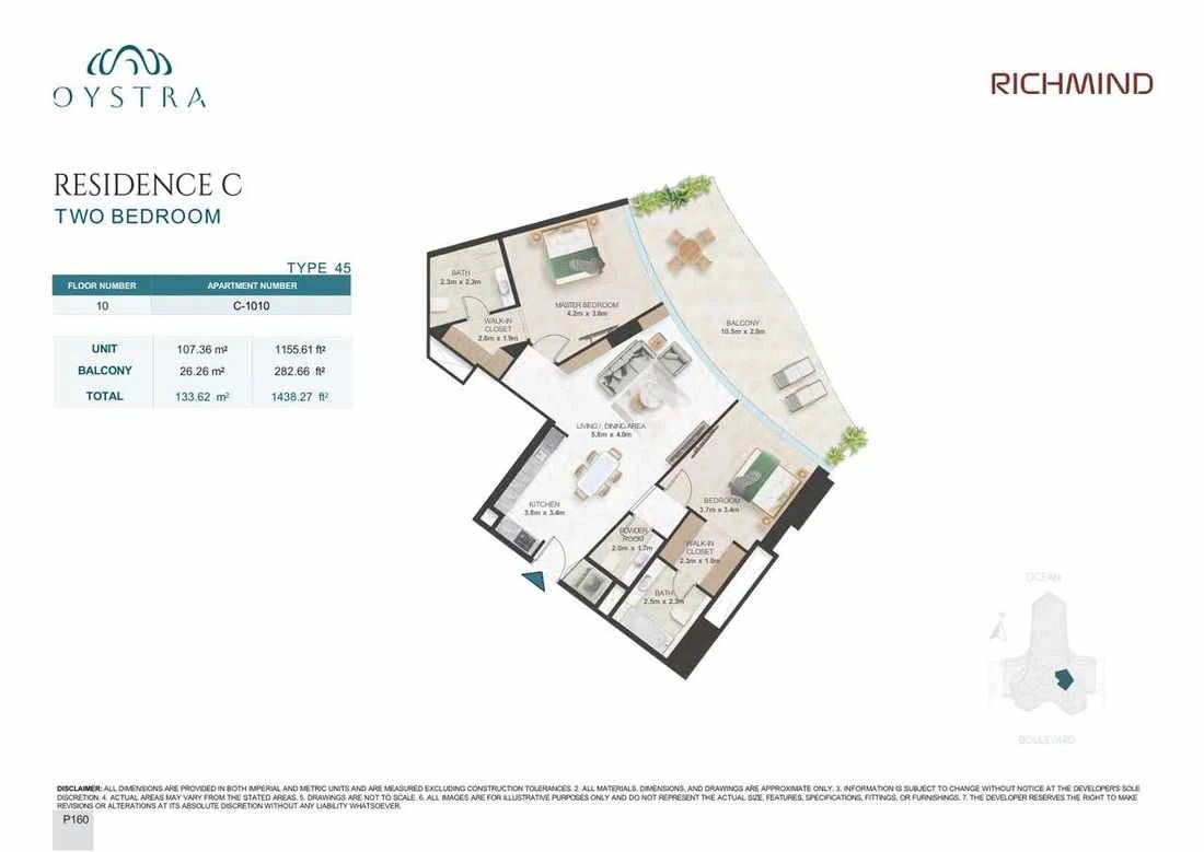 Oystra 2-bedroom Type 45 apartment, Apartment C-1010, Floor 10, Residence C, 1,438.27 sq ft floor plan.