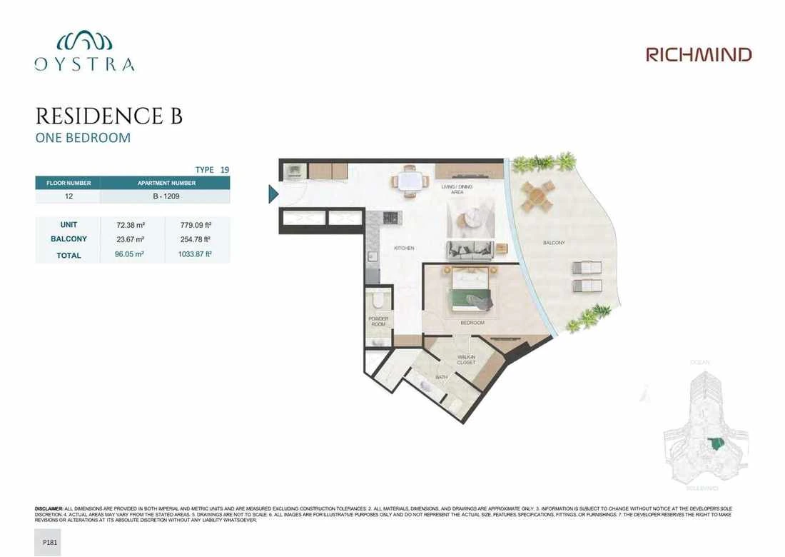 Oystra 1-bedroom Type 19 apartment, Apartment B-1209, Floor 12, Residence B, 1,033.87 sq ft floor plan.