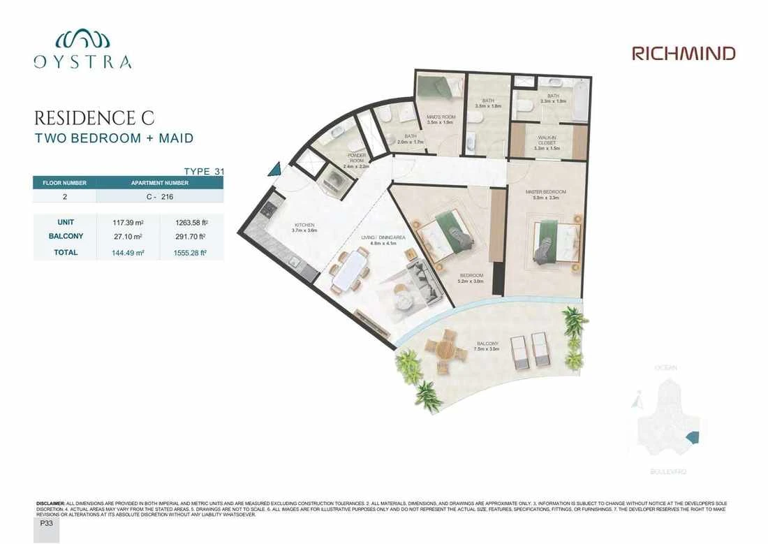 Oystra 2-bedroom Type 31 apartment with maid's room, Apartment C-216, Floor 2, Residence C, 1,555.28 sq ft floor plan.