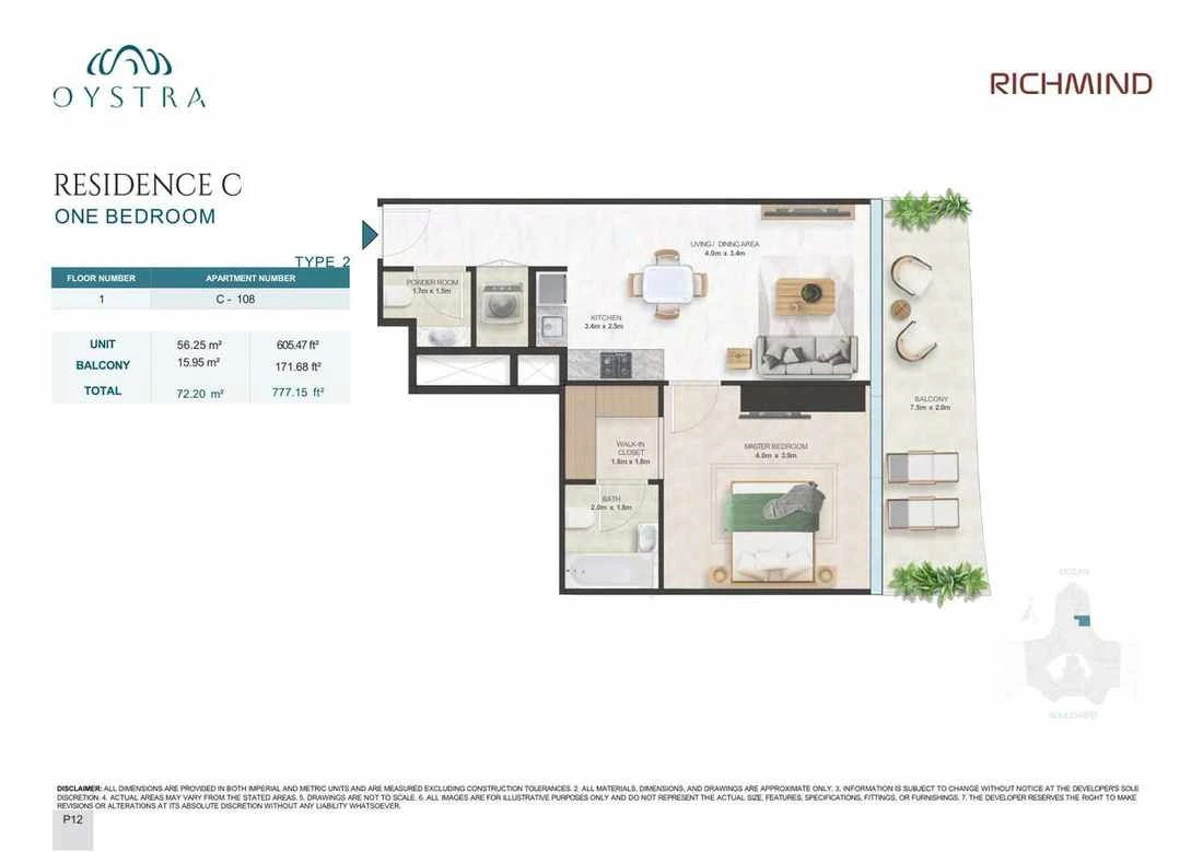 Oystra 1-bedroom Type 2 apartment, Apartment C-108, Floor 1, Residence C, 777.15 sq ft floor plan.