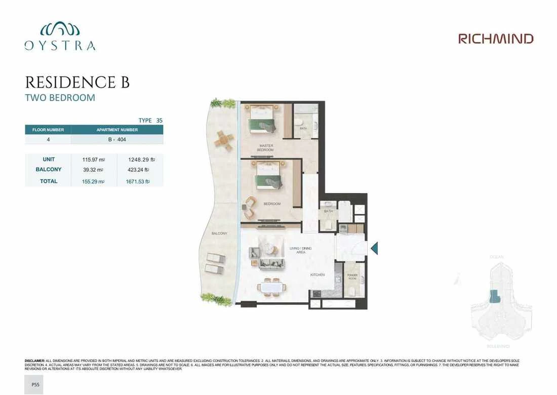 Oystra 2-bedroom Type 35 apartment, Apartment B-404, Floor 4, Residence B, 1,671.53 sq ft floor plan.