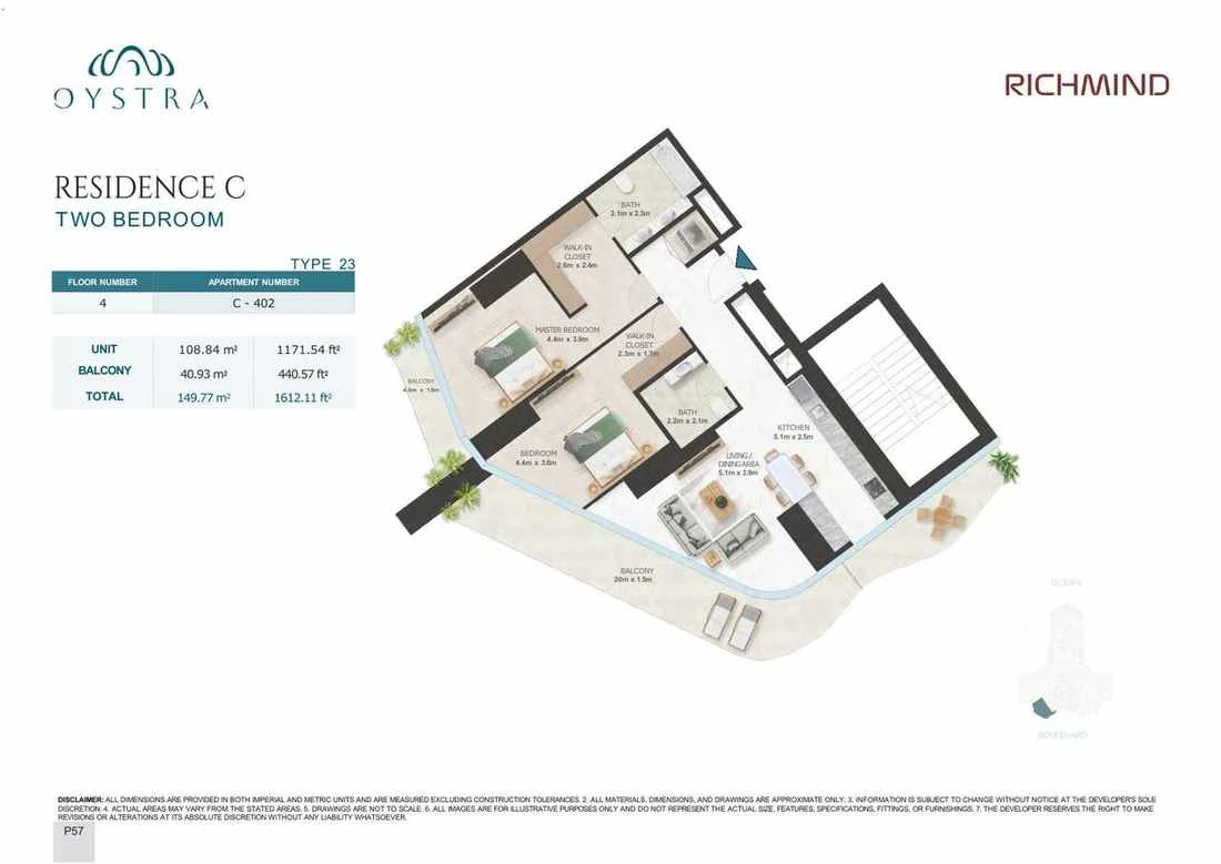 Oystra 2-bedroom Type 23 apartment, Apartment C-402, Floor 4, Residence C, 1,612.11 sq ft floor plan.