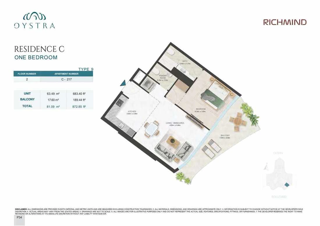 Oystra 1-bedroom Type 9 apartment, Apartment C-217, Floor 2, Residence C, 872.85 sq ft floor plan.