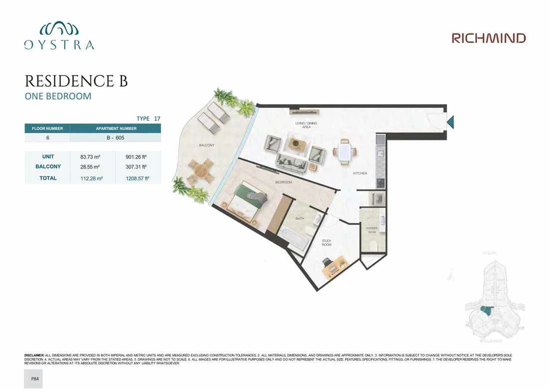 Oystra 1-bedroom Type 17 apartment, Apartment B-605, Floor 6, Residence B, 1,208.57 sq ft floor plan.