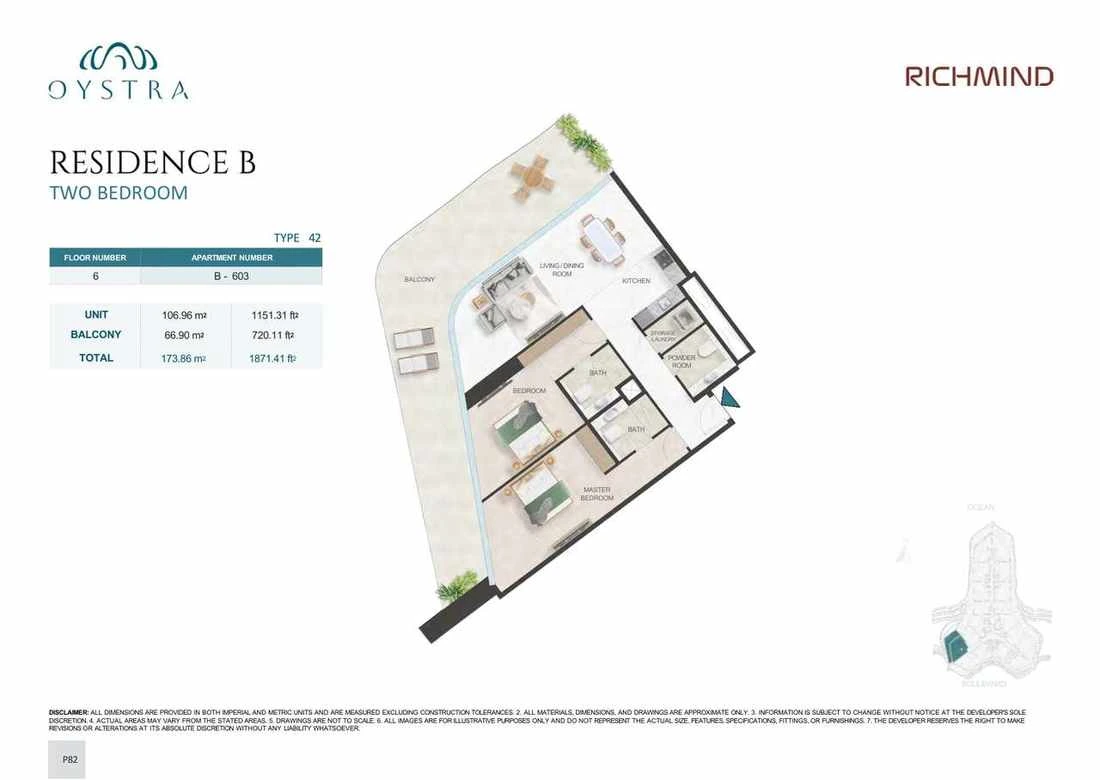 Oystra 2-bedroom Type 42 apartment, Apartment B-603, Floor 6, Residence B, 1,871.41 sq ft floor plan.