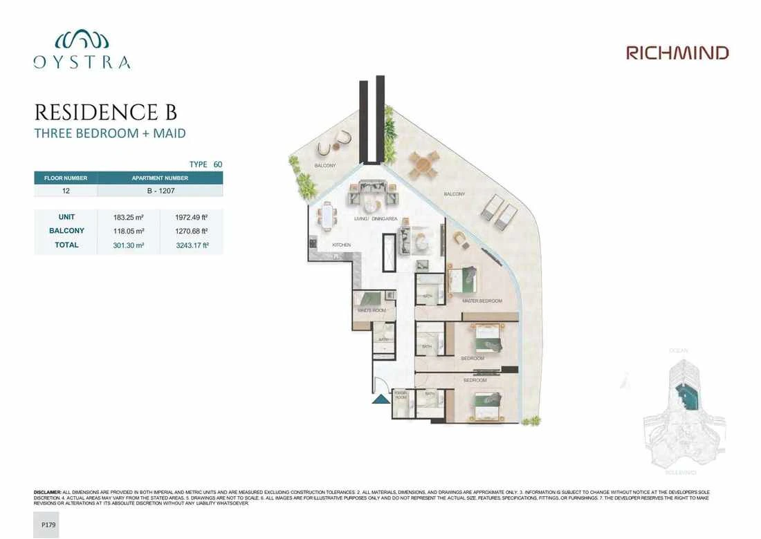 Oystra 3-bedroom Type 60 apartment with maid's room, Apartment B-1207, Floor 12, Residence B, 3,243.17 sq ft floor plan.