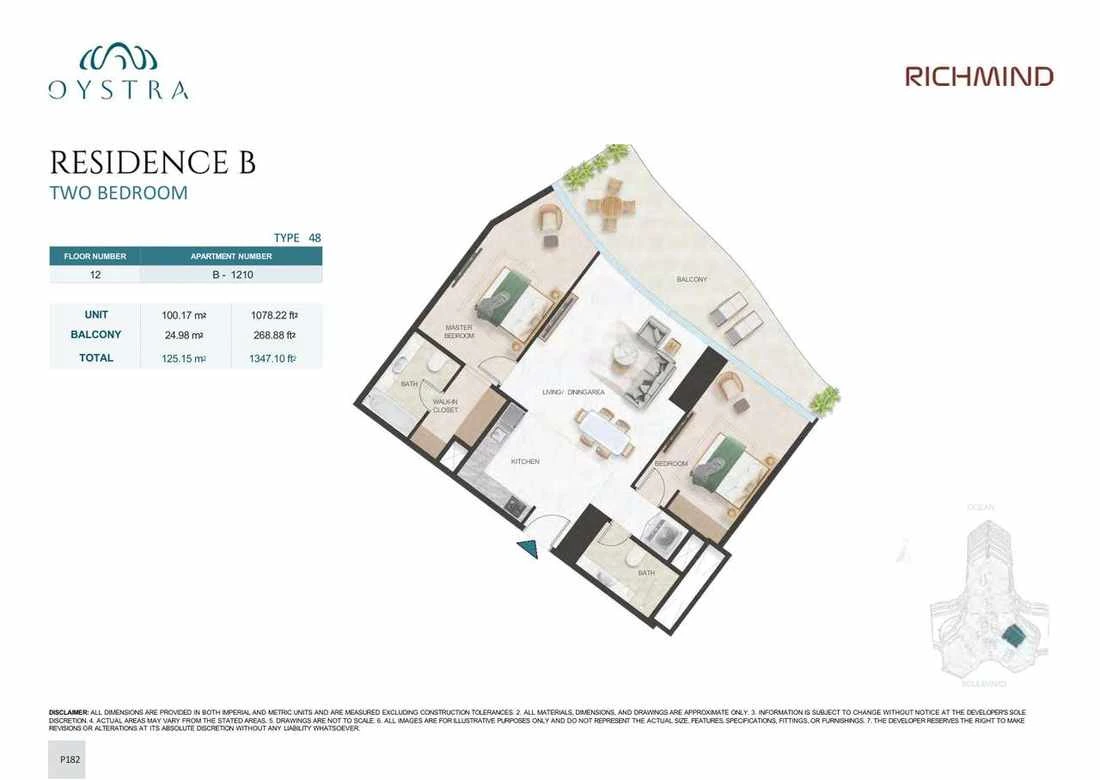 Oystra 2-bedroom Type 48 apartment, Apartment B-1210, Floor 12, Residence B, 1,347.10 sq ft floor plan.