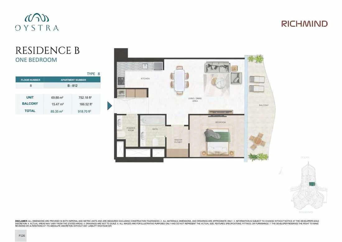 Oystra 1-bedroom Type 8 apartment, Apartment B-812, Floor 8, Residence B, 918.70 sq ft floor plan.