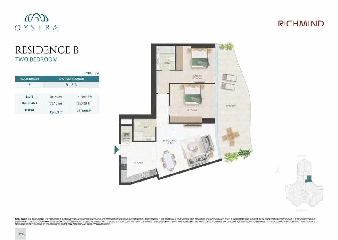 Oystra 2-bedroom Type 29 apartment, Apartment B-313, Floor 3, Residence B, 1,375.95 sq ft floor plan.