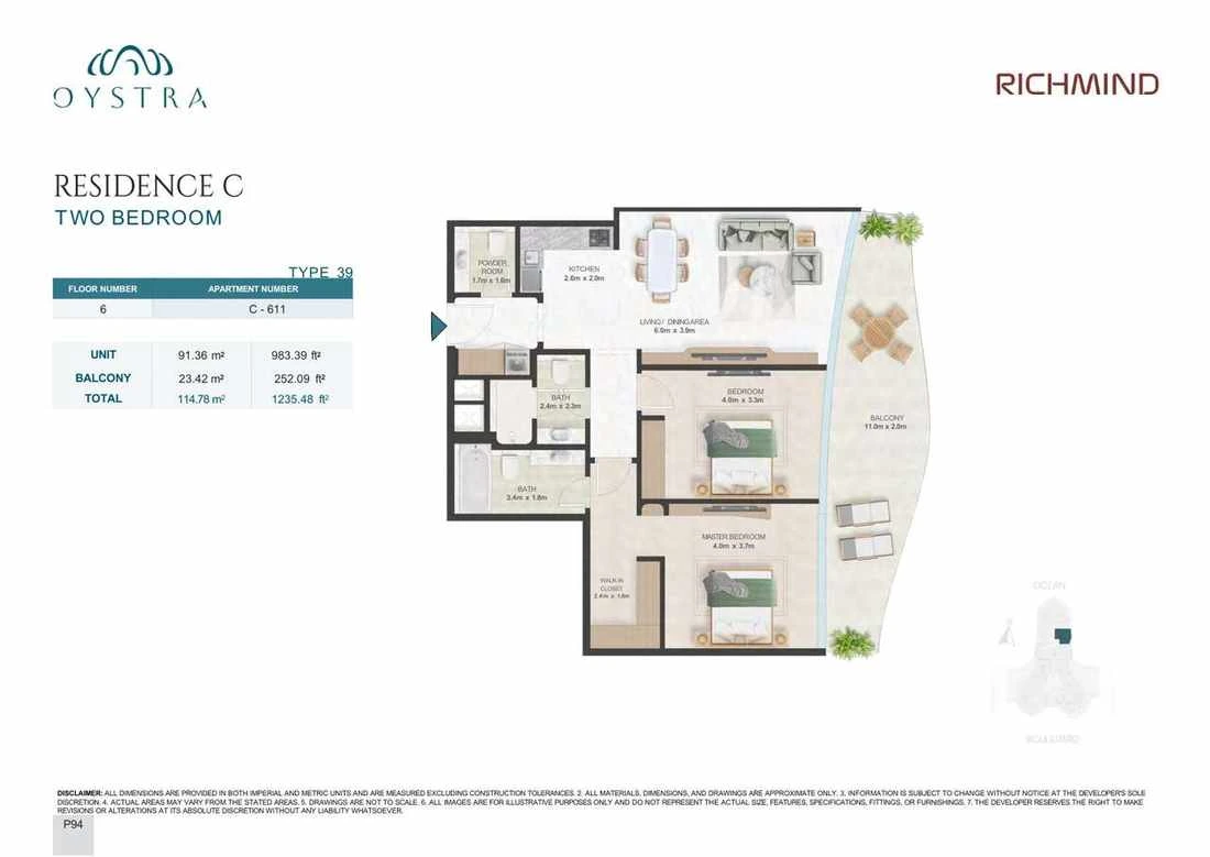 Oystra 2-bedroom Type 39 apartment, Apartment C-611, Floor 6, Residence C, 1,235.48 sq ft floor plan.