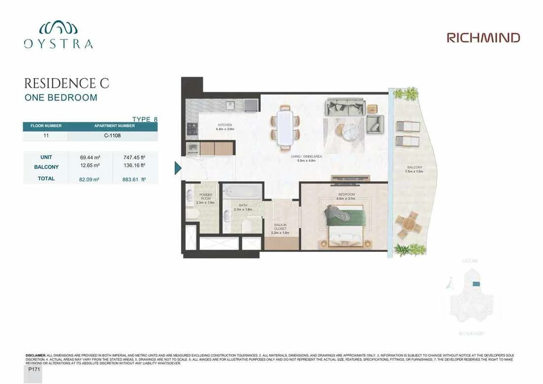 Oystra 1-bedroom Type 8 apartment, Apartment C-1108, Floor 11, Residence C, 883.61 sq ft floor plan.