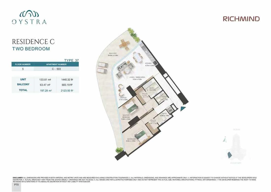 Oystra 2-bedroom Type 37 apartment, Apartment C-503, Floor 5, Residence C, 2,123.50 sq ft floor plan.