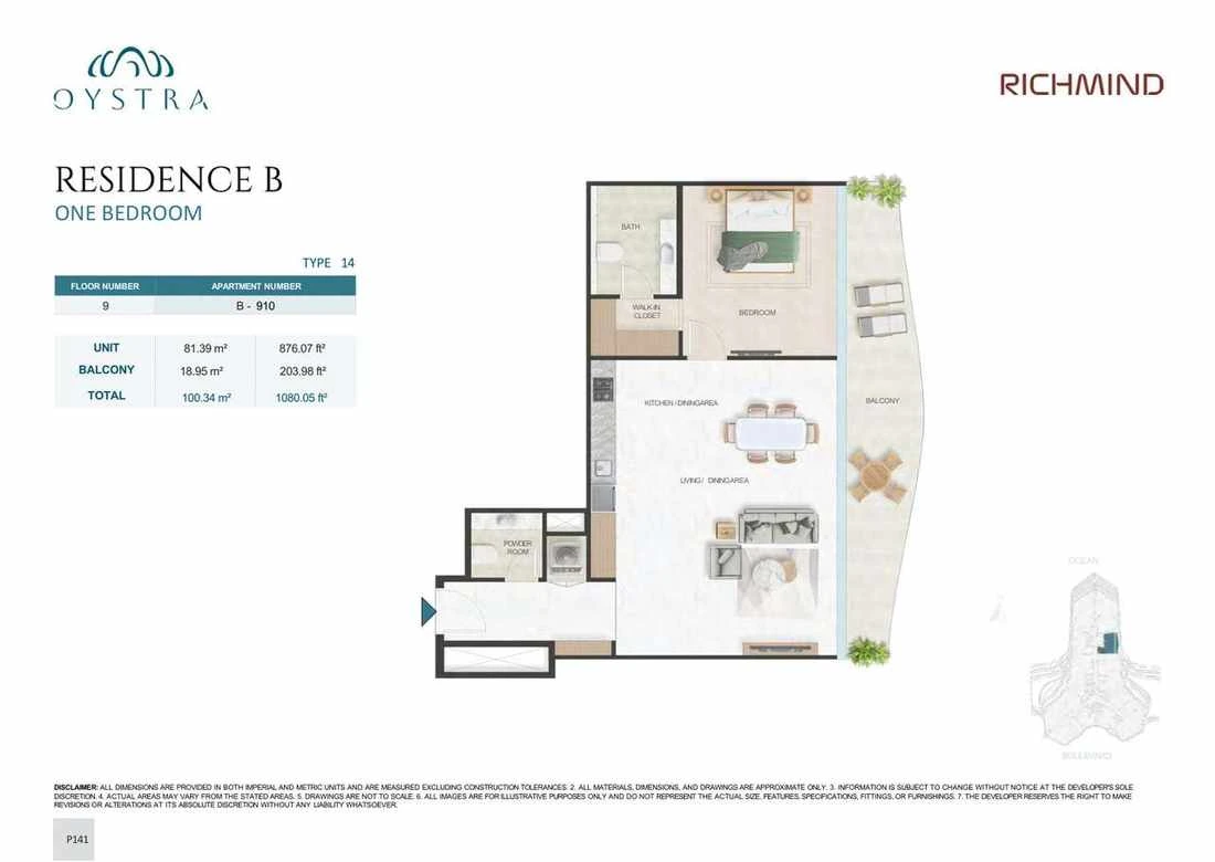 Oystra 1-bedroom Type 14 apartment, Apartment B-910, Floor 9, Residence B, 1,080.05 sq ft floor plan.